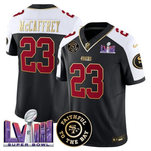 Black San Francisco 49ers #23 Christian Mccaffrey Alternate 2025 F.U.S.E. Faithful & Super Bowl LVIII Patch Vapor Limited Stitched Football Jersey - SFR75