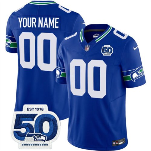 Royal Seattle Seahawks Active Player Custom 2025 F.U.S.E 50th Anniversary Patch Throwback Vapor Limited Stitched Football Jersey - SSR09