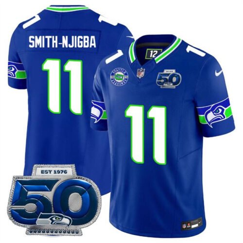 Royal Seattle Seahawks #11 Jaxon Smith-Njigba 2025 F.U.S.E. 50th Season Patch Throwback Vapor Limited Stitched Football Jersey - SSR24