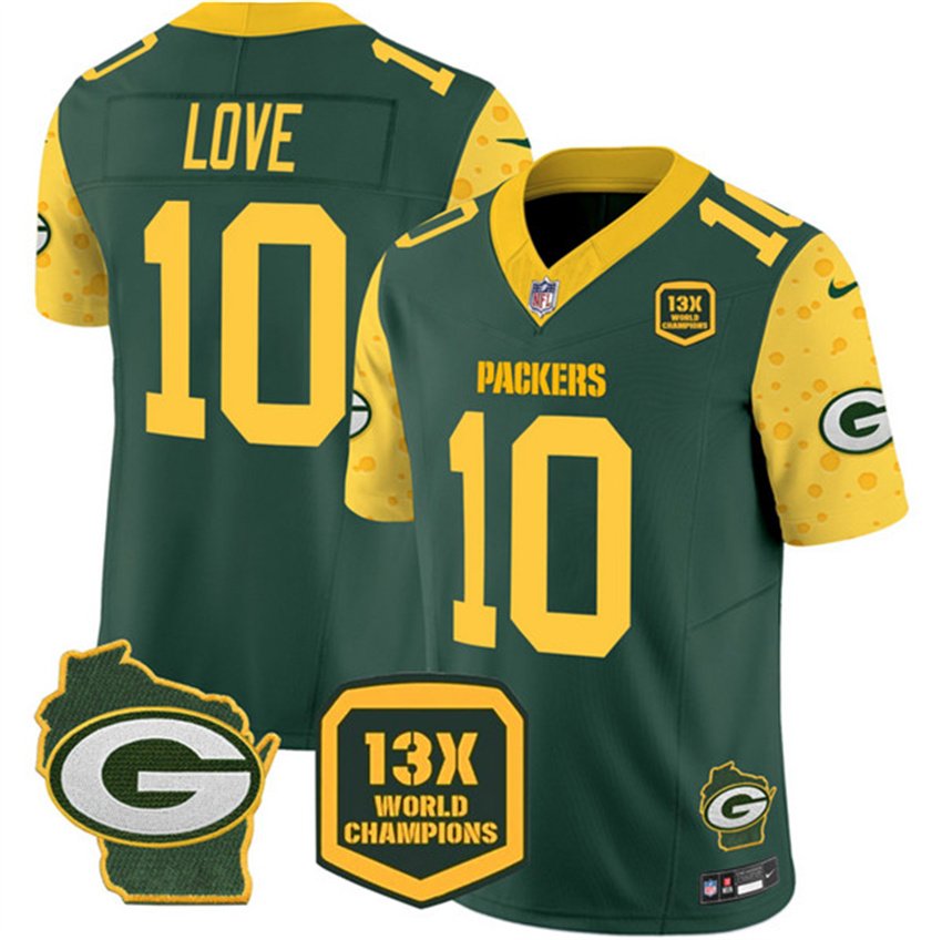 Cheese Green Green Bay Packers #10 Jordan Love 2024 F.U.S.E. 13 Time World Champions And Home Patch Vapor Untouchable Limited Stitched Football Jersey - GBJ169