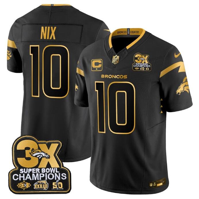 Black/Gold Denver Broncos #10 Bo Nix F.U.S.E. 3-Time Champions Patch And 1-star C Patch Vapor Limited Stitched Football Jersey