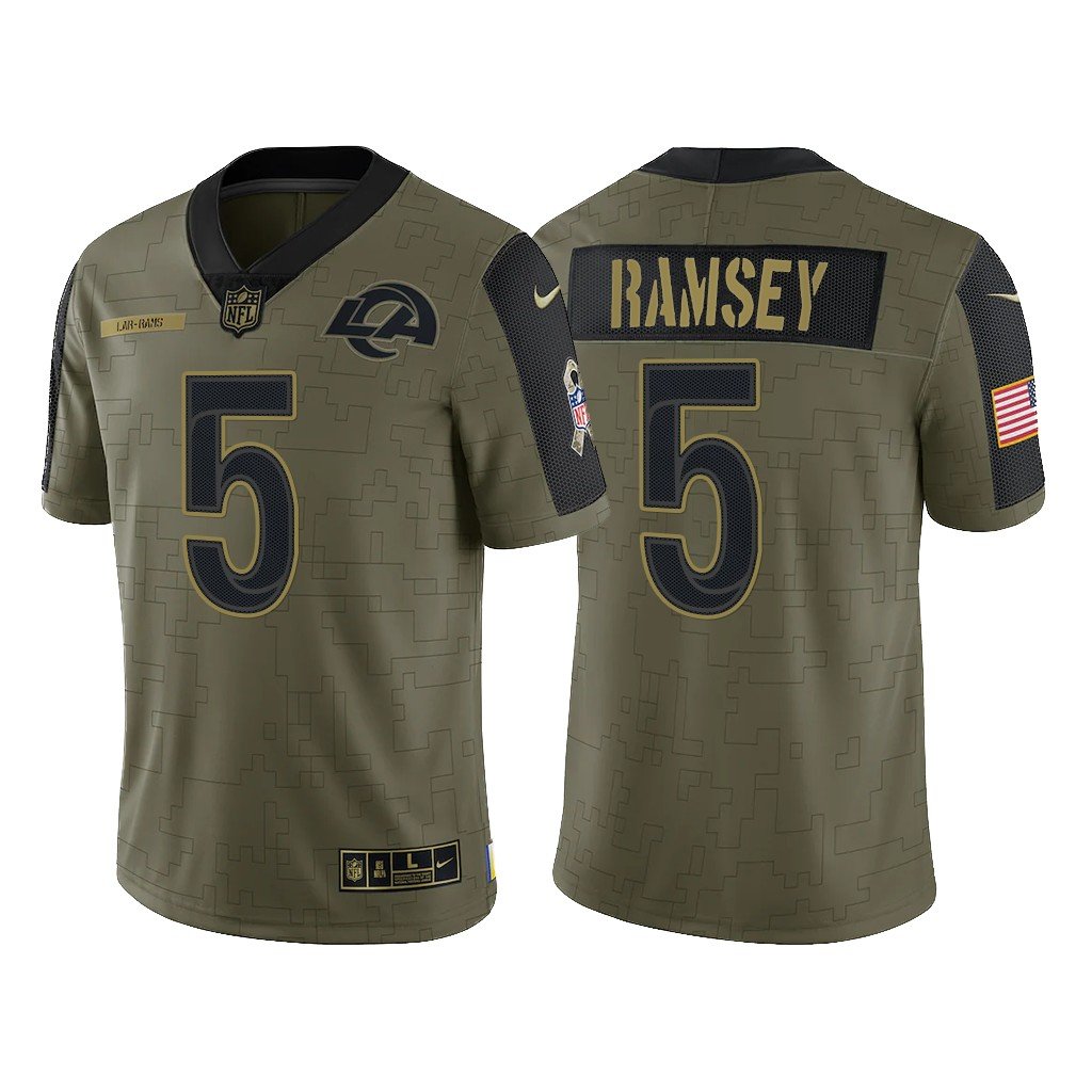 Olive Los Angeles Rams #5 Jalen Ramsey 2021 Salute To Service Limited Stitched Jersey - LAR599
