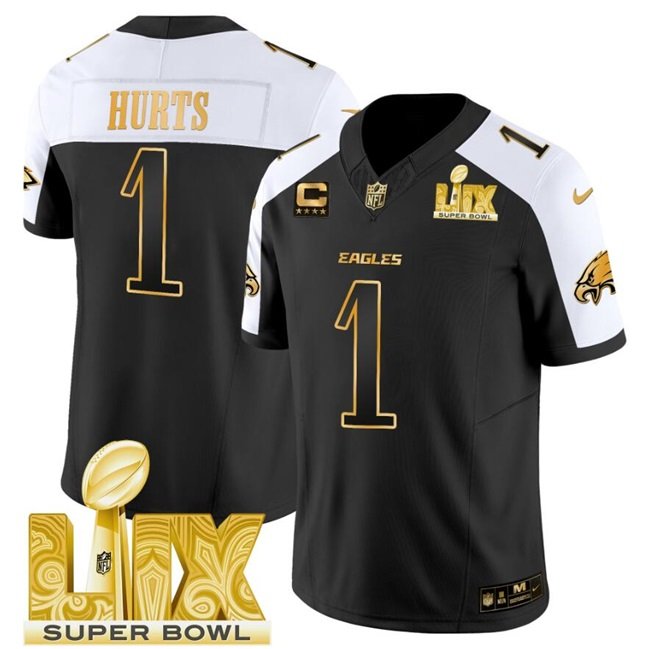 Black/Gold Philadelphia Eagles #1 Jalen Hurts 2025 Super Bowl LIX With 4-Star C Patch New F.U.S.E. Vapor Untouchable Limited Stitched Football Jersey - PEL67