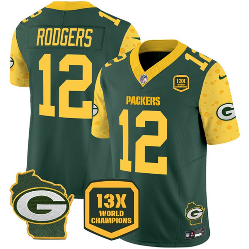 Cheese Green Green Bay Packers #12 Aaron Rodgers 2024 F.U.S.E. 13 Time World Champions And Home Patch Vapor Untouchable Limited Stitched Football Jersey - GBJ78