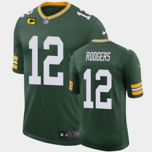 Green Green Bay Packers #12 Aaron Rodgers with C Patch Classic Stitched Football Jersey - GBJ444