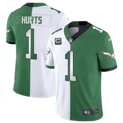 Green/White Philadelphia Eagles #1 Jalen Hurts Split 2025 With 3-Star C Patch Vapor Limited Stitched Football Jersey - PEL195