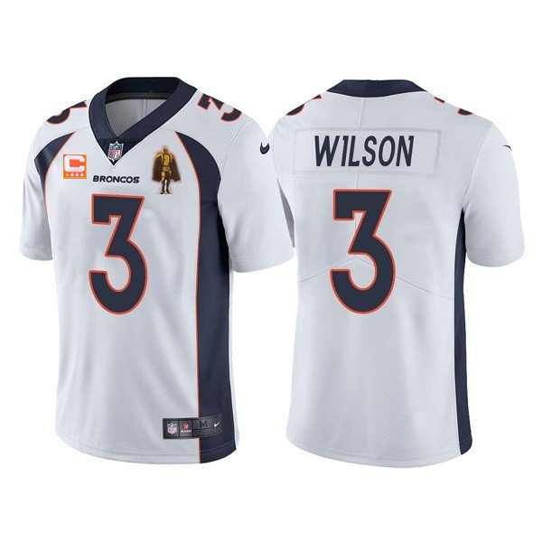 White Denver Broncos #3 Russell Wilson With C Patch & Walter Payton Patch Limited Stitched Jersey