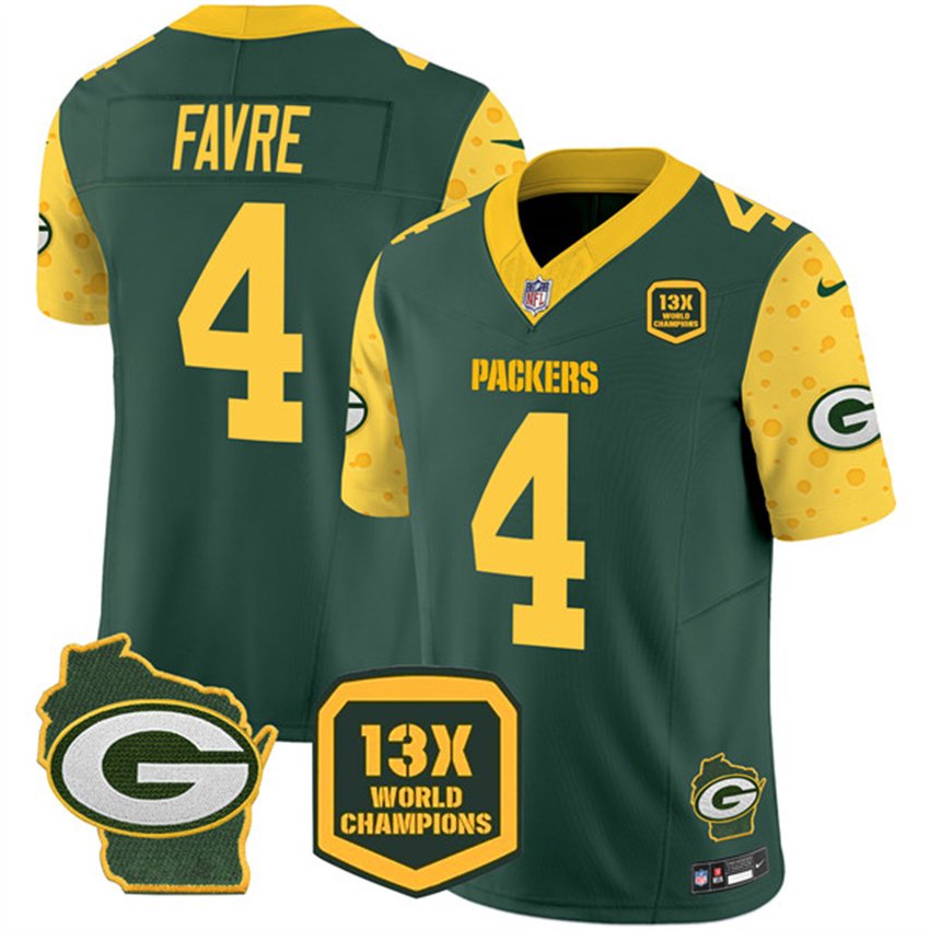 Cheese Green Green Bay Packers #4 Brett Favre 2024 F.U.S.E. 13 Time World Champions And Home Patch Vapor Untouchable Limited Stitched Football Jersey - GBJ387