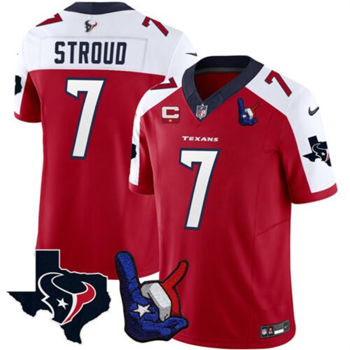 Red/White Houston Texans #7 C.J. Stroud 2023 F.U.S.E. With 1-Star C And Hand Sign Throwing Up The H Patch Vapor Untouchable Limited Stitched Football Jersey - HTJ162
