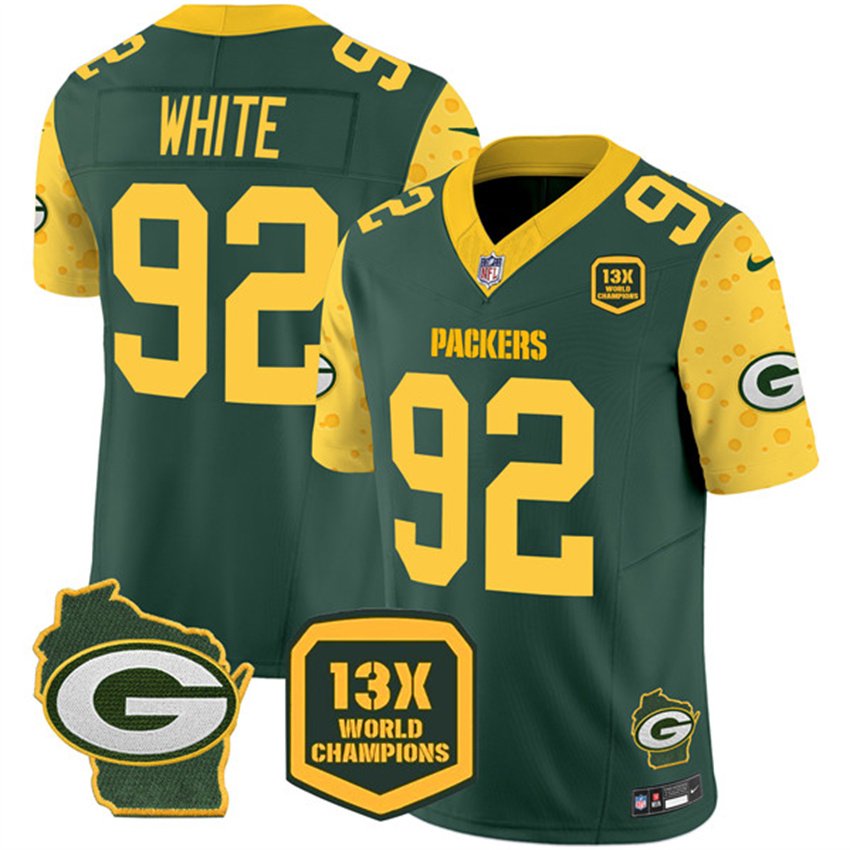 Cheese Green Green Bay Packers #92 Reggie White 2024 F.U.S.E. 13 Time World Champions And Home Patch Vapor Untouchable Limited Stitched Football Jersey - GBJ51