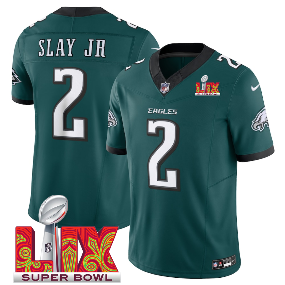 Green Philadelphia Eagles #2 Darius Slay JR 2025 Super Bowl LIX Patch F.U.S.E. Vapor Limited Stitched Football Jersey - PEL211