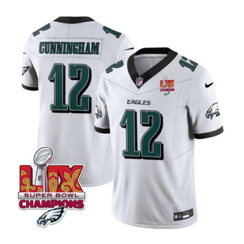 White Philadelphia Eagles #12 Randall Cunningham 2025 Eagles Logo Super Bowl LIX Patch New F.U.S.E. Vapor Limited Stitched Football Jersey - PEL76