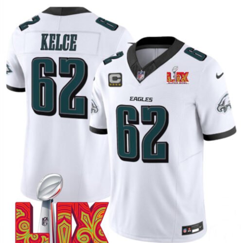 White Philadelphia Eagles #62 Jason Kelce 2025 Super Bowl LIX Patch F.U.S.E. Vapor Limited Stitched Football Jersey - PEL184