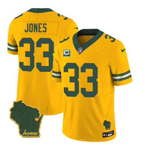 Gold Green Bay Packers #33 Aaron Jones 2023 F.U.S.E. Home Patch And 1-Star C Patch Vapor Untouchable Limited Stitched Jersey - GBJ258