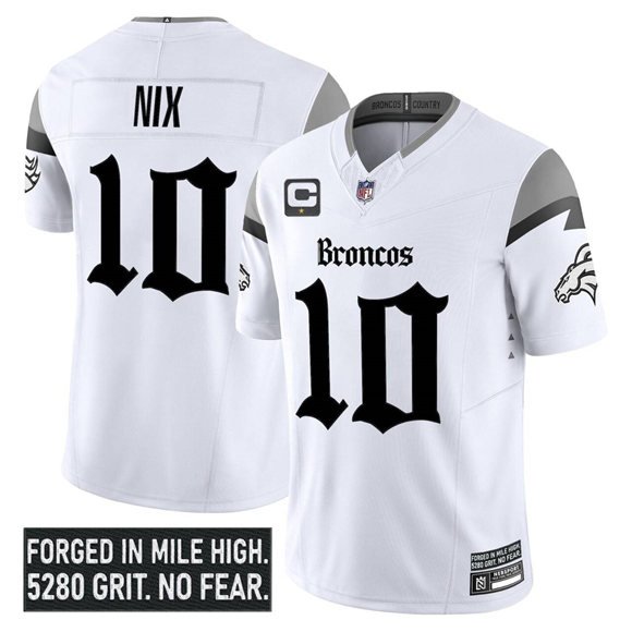 White Denver Broncos #10 Bo Nix 2025 F.U.S.E. With 1-Star C Patch 'Gothic Mile High Shadows Edition' Vapor Limited Stitched Football Jersey