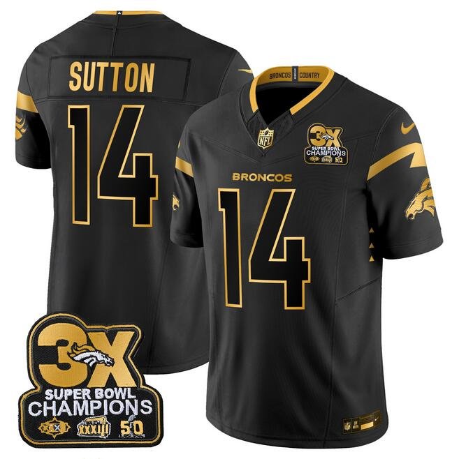 Black/Gold Denver Broncos #14 Courtland Sutton F.U.S.E. 3-Time Champions Patch Vapor Limited Stitched Football Jersey