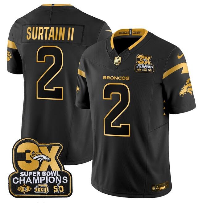Black/Gold Denver Broncos #2 Pat Surtain II F.U.S.E. 3-Time Champions Patch Vapor Limited Stitched Football Jersey
