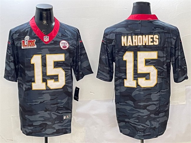 Black Kansas City Chiefs #15 Patrick Mahomes 2025 Super Bowl LIX Patch Camo Vapor Limited Stitched Football Jersey - KCJ05