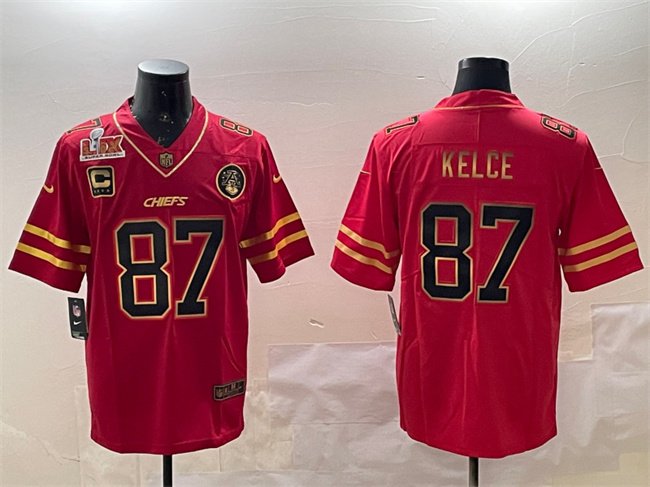 Red Gold Kansas City Chiefs #87 Travis Kelce 2025 Super Bowl LIX Patch And 4-star C Patch Vapor Limited Stitched Football Jersey - KCJ53