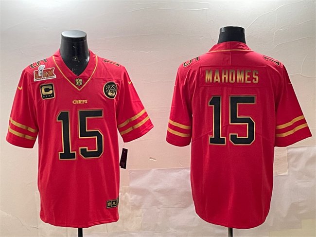 Red Gold Kansas City Chiefs #15 Patrick Mahomes 2025 Super Bowl LIX Patch And 4-star C Patch Vapor Limited Stitched Football Jersey - KCJ14