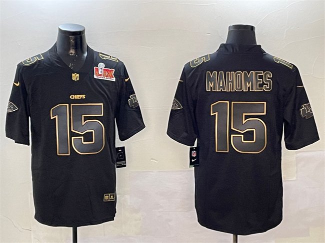 Black/Gold Kansas City Chiefs #15 Patrick Mahomes 2025 Super Bowl LIX Patch Vapor Limited Stitched Football Jersey - KCJ41