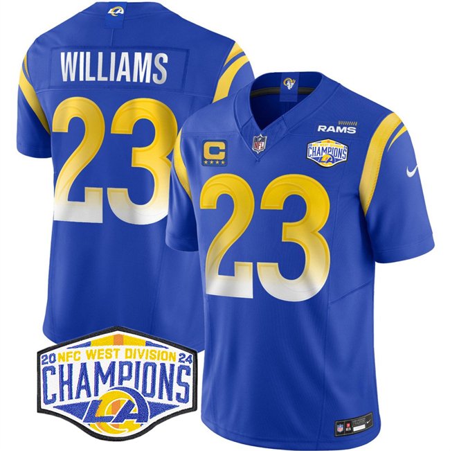 Blue Los Angeles Rams #23 Kyren Williams 2024 NFC West Champions With 4-Star C Patch F.U.S.E. Vapor Untouchable Stitched Football Jersey - LAR461