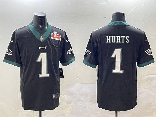 Black Philadelphia Eagles #1 Jalen Hurts 2025 Super Bowl LIX Patch Vapor Untouchable Limited Stitched Football Jersey - PEL38