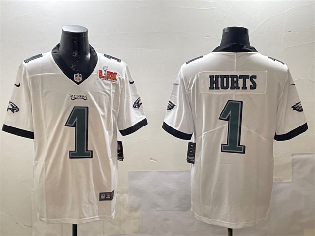 White Philadelphia Eagles #1 Jalen Hurts 2025 Super Bowl LIX Patch Vapor Untouchable Limited Stitched Football Jersey - PEL171