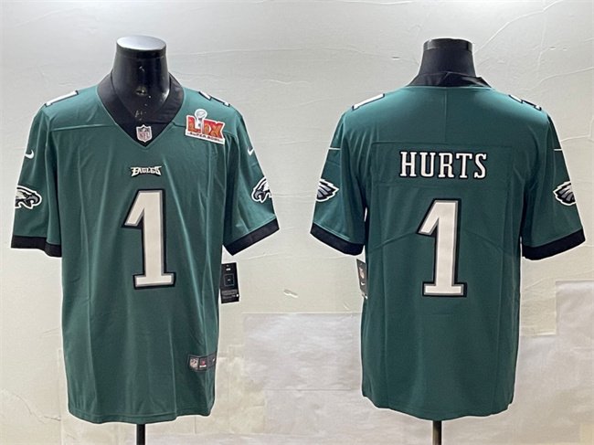 Green Philadelphia Eagles #1 Jalen Hurts 2025 Super Bowl LIX Patch Vapor Untouchable Limited Stitched Football Jersey - PEL261