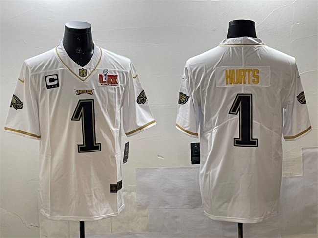 White/Gold Philadelphia Eagles #1 Jalen Hurts 2025 Super Bowl LIX Patch And 3-star C Patch Salute To Service Vapor Untouchable Limited Stitched Football Jersey - PEL21