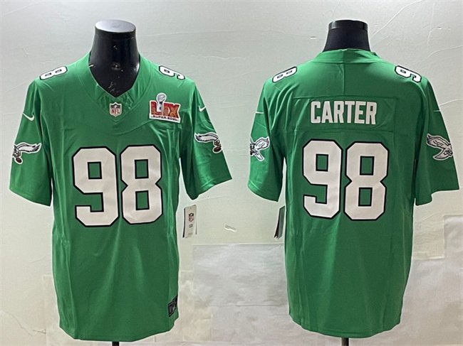 Green Philadelphia Eagles #98 Jalen Carter 2025 Super Bowl LIX Patch F.U.S.E. Throwback Vapor Untouchable Limited Stitched Football Jersey - PEL209