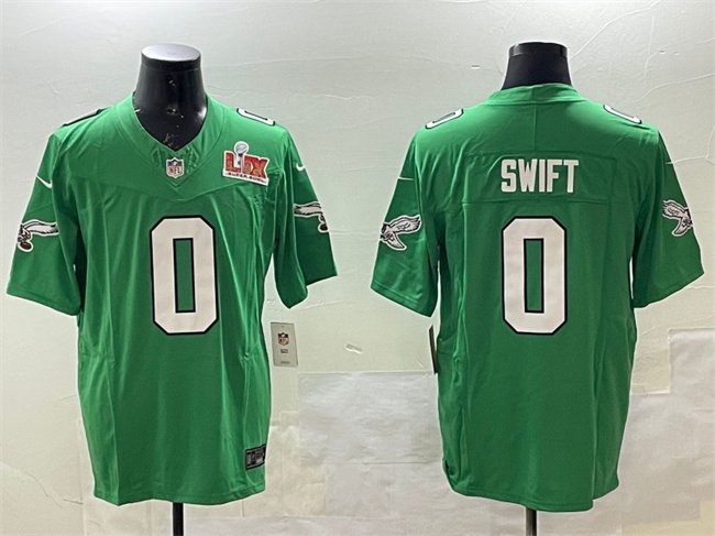 Green Philadelphia Eagles #0 D'Andre Swift 2025 Super Bowl LIX Patch F.U.S.E. Throwback Vapor Untouchable Limited Stitched Football Jersey - PEL235