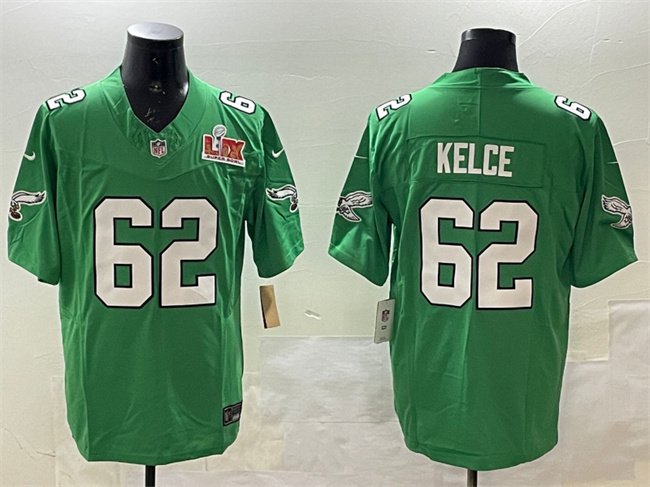 Green Philadelphia Eagles #62 Jason Kelce 2025 Super Bowl LIX Patch F.U.S.E. Throwback Vapor Untouchable Limited Stitched Football Jersey - PEL46
