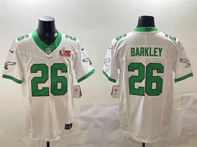 White Philadelphia Eagles #26 Saquon Barkley 2025 Super Bowl LIX Patch F.U.S.E. Vapor Untouchable Limited Stitched Football Jersey - PEL126
