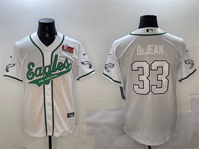 White Philadelphia Eagles #33 Cooper DeJean 2025 Super Bowl LIX Patch Cool Base Stitched Baseball Jersey - PEL177