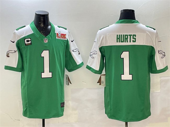 Green/White Philadelphia Eagles #1 Jalen Hurts 2025 Super Bowl LIX Patch And 4-Star C Patch F.U.S.E. Vapor Untouchable Limited Stitched Football Jersey - PEL148