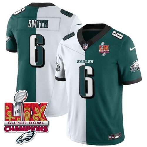 White/Green Philadelphia Eagles #6 DeVonta Smith Split 2025 Super Bowl LIX Champions Patch F.U.S.E. Vapor Untouchable Limited Stitched Football Jersey - PEL119