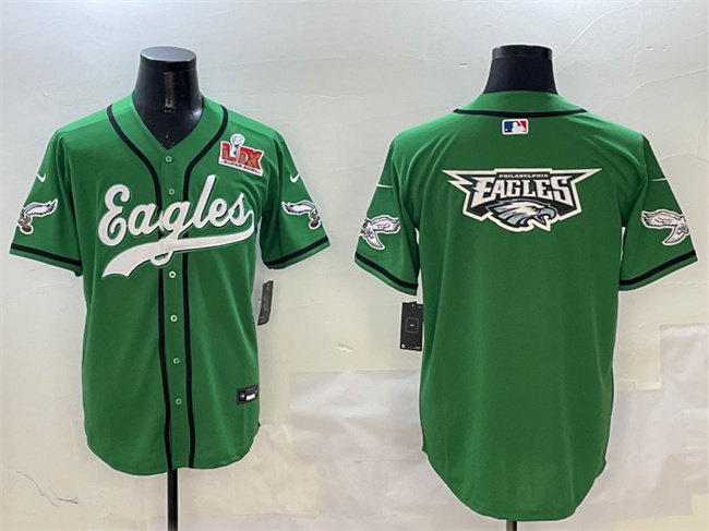 Green Philadelphia Eagles Team Big Logo 2025 Super Bowl LIX Patch Stitched Baseball Jersey - PEL66