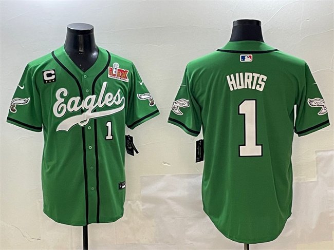 Green Philadelphia Eagles #1 Jalen Hurts 2025 Super Bowl LIX And 3-Star C Patch Stitched Baseball Jersey - PEL30