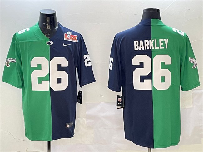 Green & Navy Philadelphia Eagles #26 Saquon Barkley Split 2025 Super Bowl LIX Patch Vapor Untouchable Limited Stitched Football Jersey - PEL77