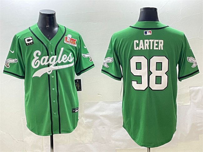 Green Philadelphia Eagles #98 Jalen Carter 2025 Super Bowl LIX And 3-Star C Patch Stitched Baseball Jersey - PEL63