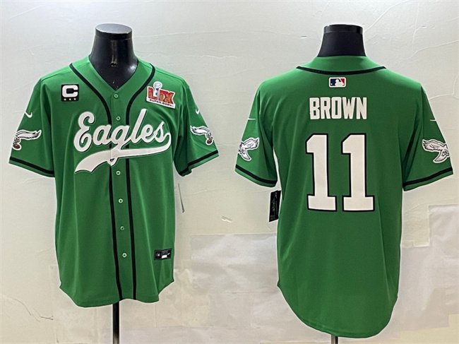 Green Philadelphia Eagles #11 A.J. Brown 2025 Super Bowl LIX And 3-Star C Patch Stitched Baseball Jersey - PEL98