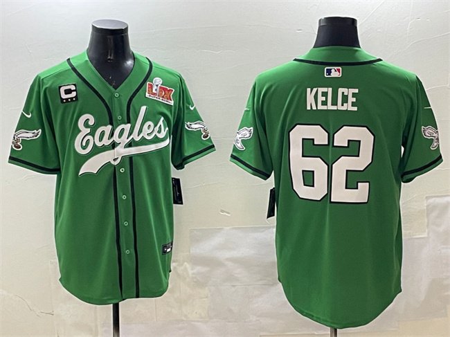 Green Philadelphia Eagles #62 Jason Kelce 2025 Super Bowl LIX And 3-Star C Patch Stitched Baseball Jersey - PEL193
