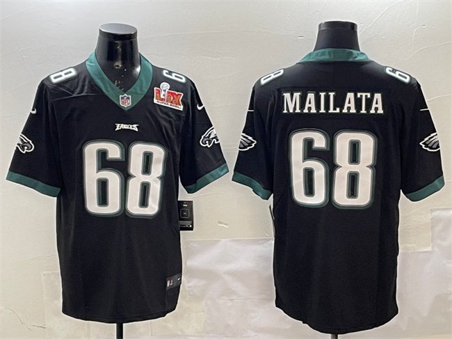 Black Philadelphia Eagles #68 Jordan Mailata 2025 Super Bowl LIX Patch Vapor Untouchable Limited Stitched Football Jersey - PEL133