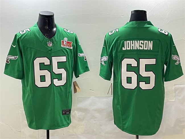 Green Philadelphia Eagles #65 Lane Johnson 2025 Super Bowl LIX Patch F.U.S.E. Throwback Vapor Untouchable Limited Stitched Football Jersey - PEL258