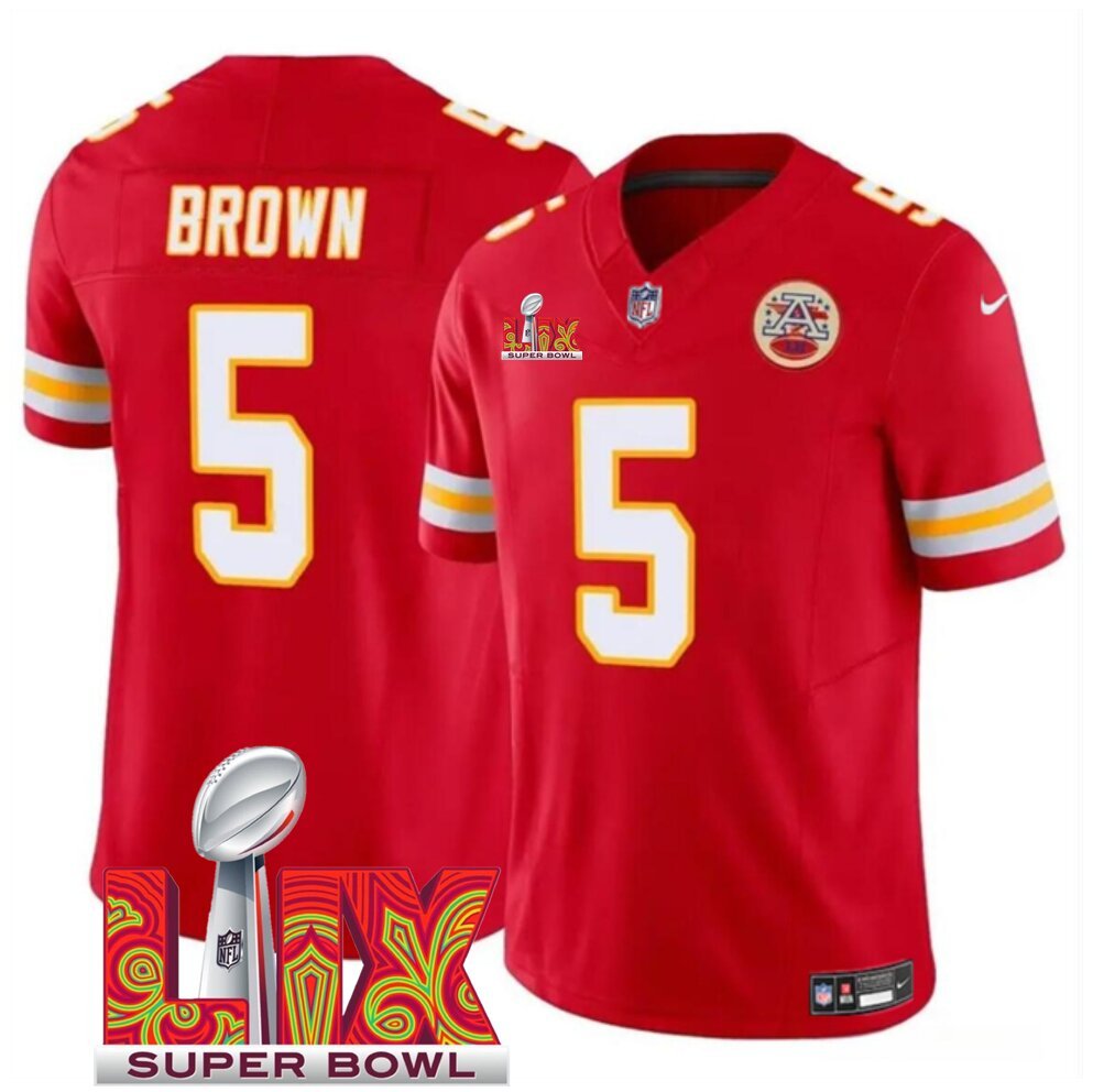 Red Kansas City Chiefs #5 Hollywood Brown 2025 Super Bowl LIX Patch F.U.S.E. Vapor Limited Stitched Football Jersey - KCJ61