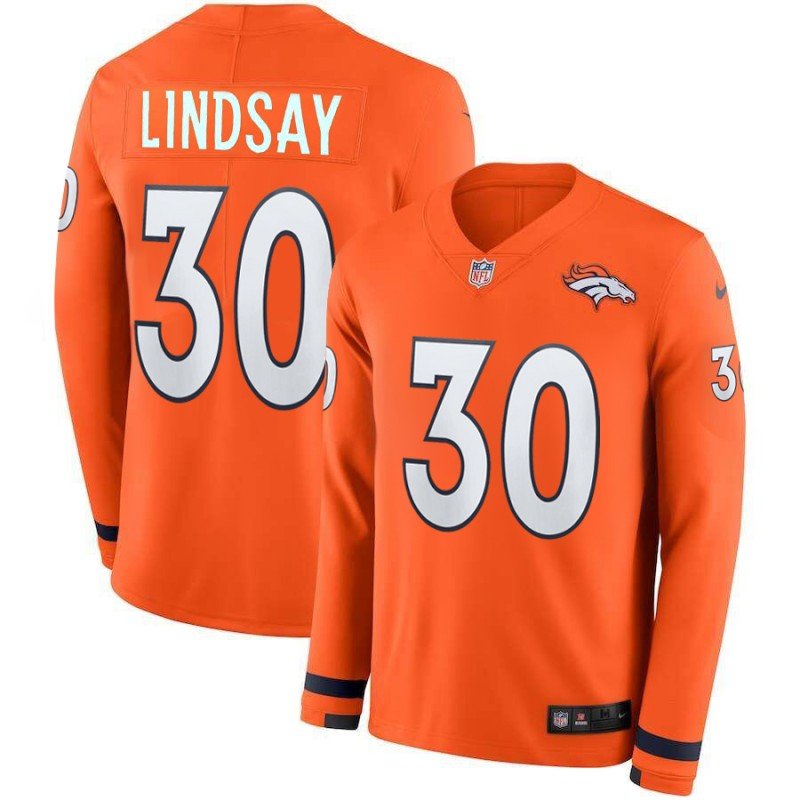 Broncos #30 Phillip Lindsay Orange Team Color Stitched NFL Limited Therma Long Sleeve Jersey