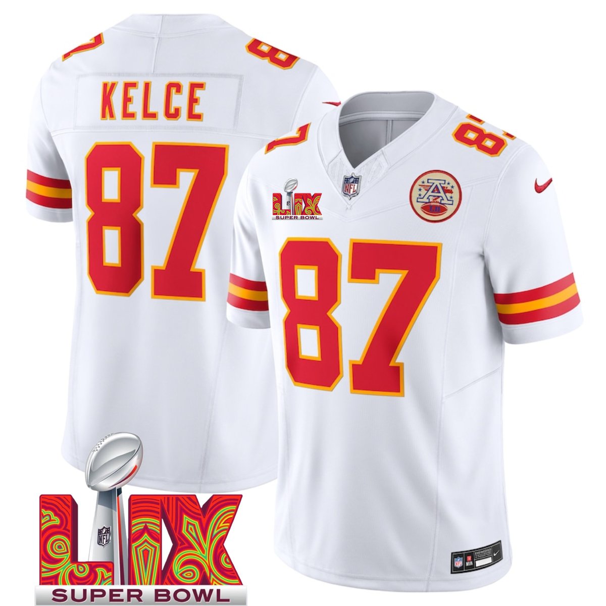 White Kansas City Chiefs #87 Travis Kelce 2025 Super Bowl LIX Patch F.U.S.E. Vapor Limited Stitched Football Jersey - KCJ39