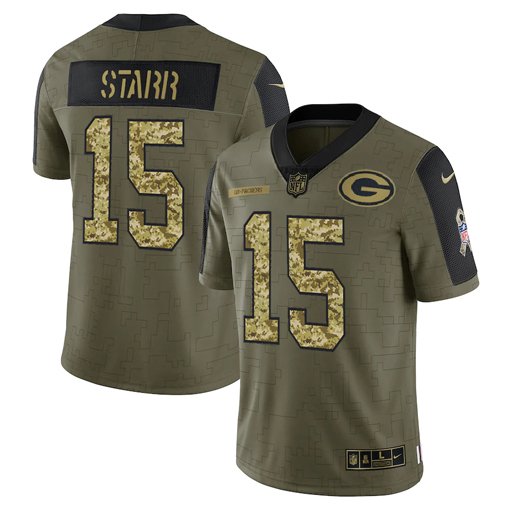 Olive Green Bay Packers #15 Bart Starr 2021 Camo Salute To Service Limited Stitched Jersey - GBJ432