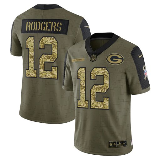 Olive Green Bay Packers #12 Aaron Rodgers 2021 Camo Salute To Service Limited Stitched Jersey - GBJ84